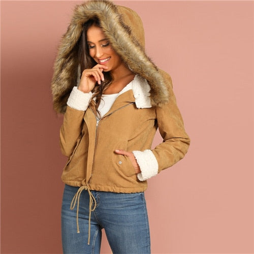 Khaki Faux Fur Hooded Jacket - MTRXN