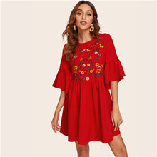 Load image into Gallery viewer, Embroidered Floral Flounce Sleeve Smock Dress - MTRXN