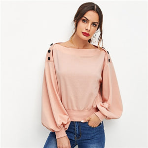Pink Button Detail Lantern Sleeve Sweatshirt - MTRXN