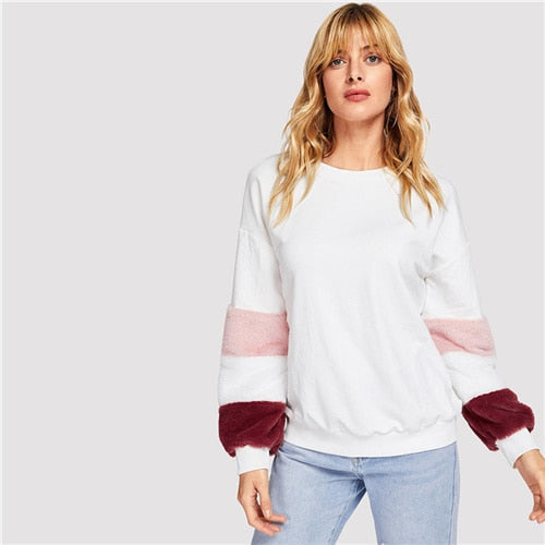 White Color Block Fleece Sweatshirt - MTRXN