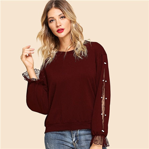 Burgundy Pearls and Lace Pullover - MTRXN