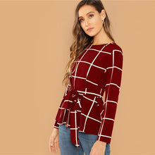 Load image into Gallery viewer, Self Belted Long Sleeve Plaid Blouse - MTRXN