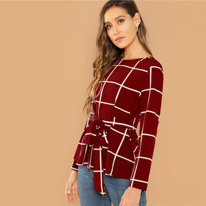 Self Belted Long Sleeve Plaid Blouse - MTRXN