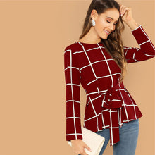 Load image into Gallery viewer, Self Belted Long Sleeve Plaid Blouse - MTRXN