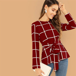 Self Belted Long Sleeve Plaid Blouse - MTRXN