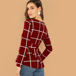 Self Belted Long Sleeve Plaid Blouse - MTRXN