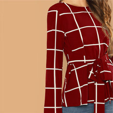 Load image into Gallery viewer, Self Belted Long Sleeve Plaid Blouse - MTRXN