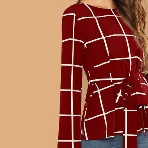 Self Belted Long Sleeve Plaid Blouse - MTRXN