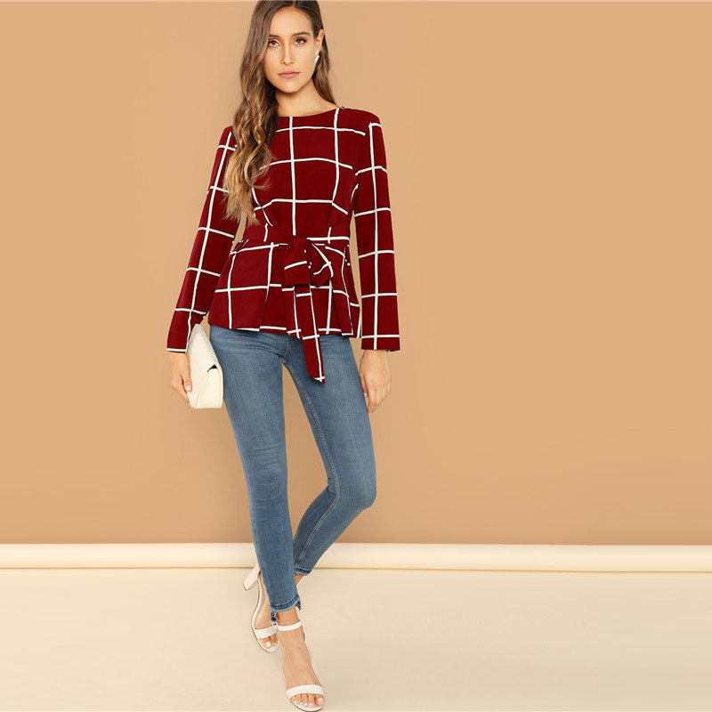 Self Belted Long Sleeve Plaid Blouse - MTRXN