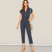 Load image into Gallery viewer, Navy Drawstring Button Up Jumpsuits - MTRXN