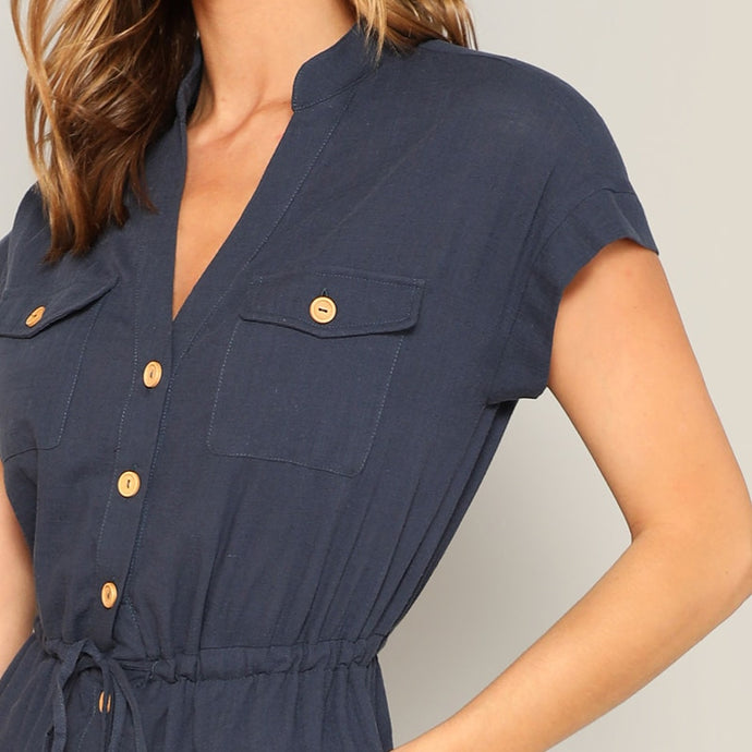 Navy Drawstring Button Up Jumpsuits - MTRXN