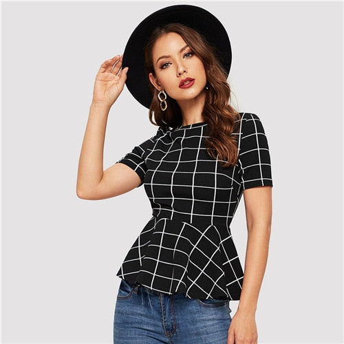 Black Grid Peplum Hem Top - MTRXN