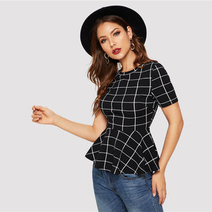 Black Grid Peplum Hem Top - MTRXN