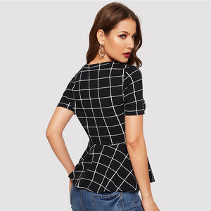 Black Grid Peplum Hem Top - MTRXN