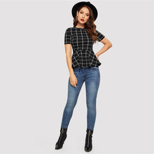 Load image into Gallery viewer, Black Grid Peplum Hem Top - MTRXN