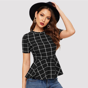 Black Grid Peplum Hem Top - MTRXN