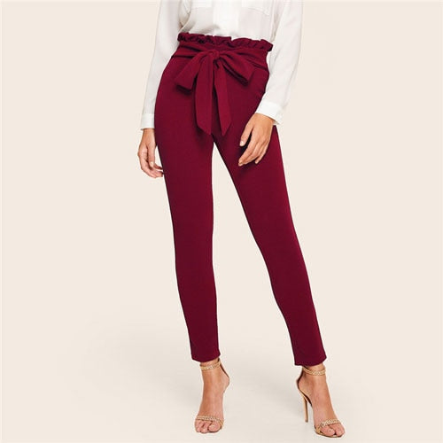 Burgundy Bow Belted High Waist Pants - MTRXN