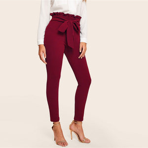 Burgundy Bow Belted High Waist Pants - MTRXN
