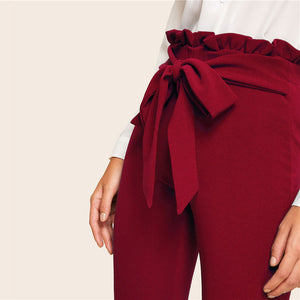 Burgundy Bow Belted High Waist Pants - MTRXN