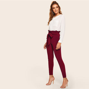 Burgundy Bow Belted High Waist Pants - MTRXN