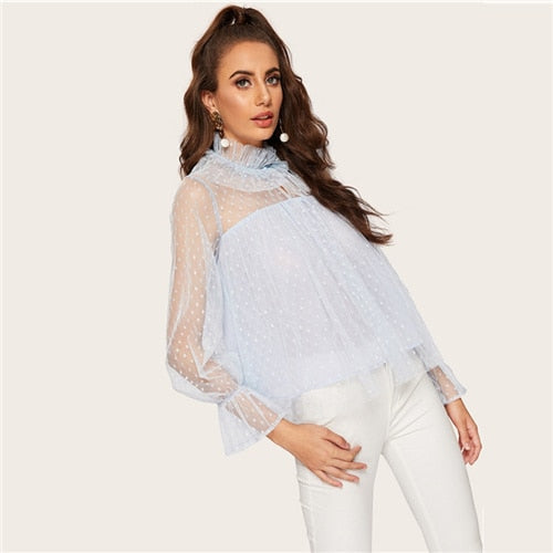 Blue Ruffle Neck Bell Sleeve Top - MTRXN