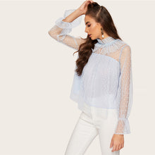 Load image into Gallery viewer, Blue Ruffle Neck Bell Sleeve Top - MTRXN