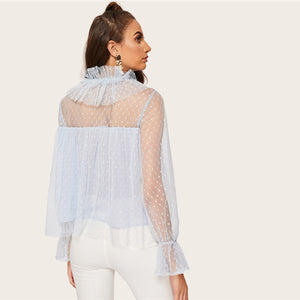 Blue Ruffle Neck Bell Sleeve Top - MTRXN