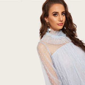 Blue Ruffle Neck Bell Sleeve Top - MTRXN