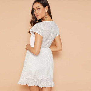 White Lace V-neck Dress - MTRXN