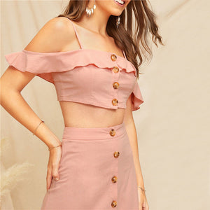 Pink Ruffle Trim Cami Crop + Curved Hem Skirt Set - MTRXN