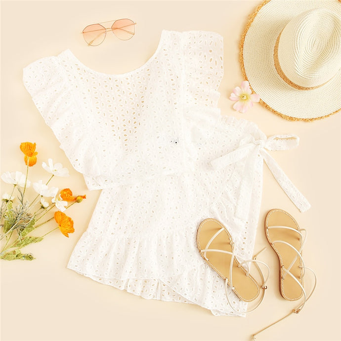 White Lace Backless Crop Top + Wrap Skirt Set - MTRXN