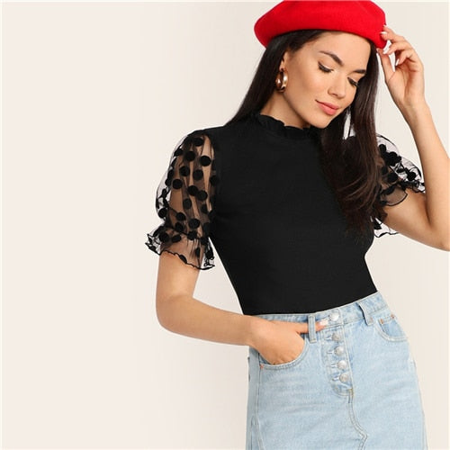 Black Mesh Puff Sleeve Tee - MTRXN