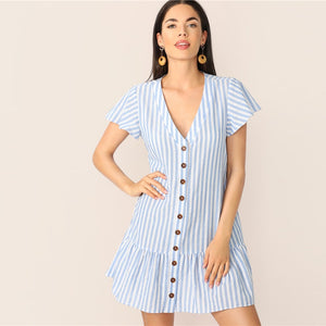 Blue Striped Summer Shirt Dress - MTRXN