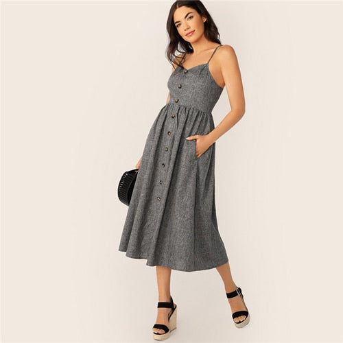 Grey Button Up Cami Dress Women - MTRXN