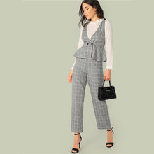 Load image into Gallery viewer, Grey Double Button Peplum Plaid Two Piece Set - MTRXN