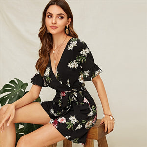 SHEIN Floral Flounce Sleeve Romper - MTRXN