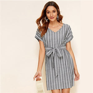 Vertical Striped Belted Dress - MTRXN